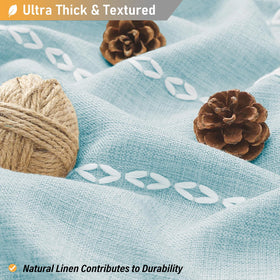 BTTN linen-blend curtain fabric feels thick and soft for a luxurious shower.