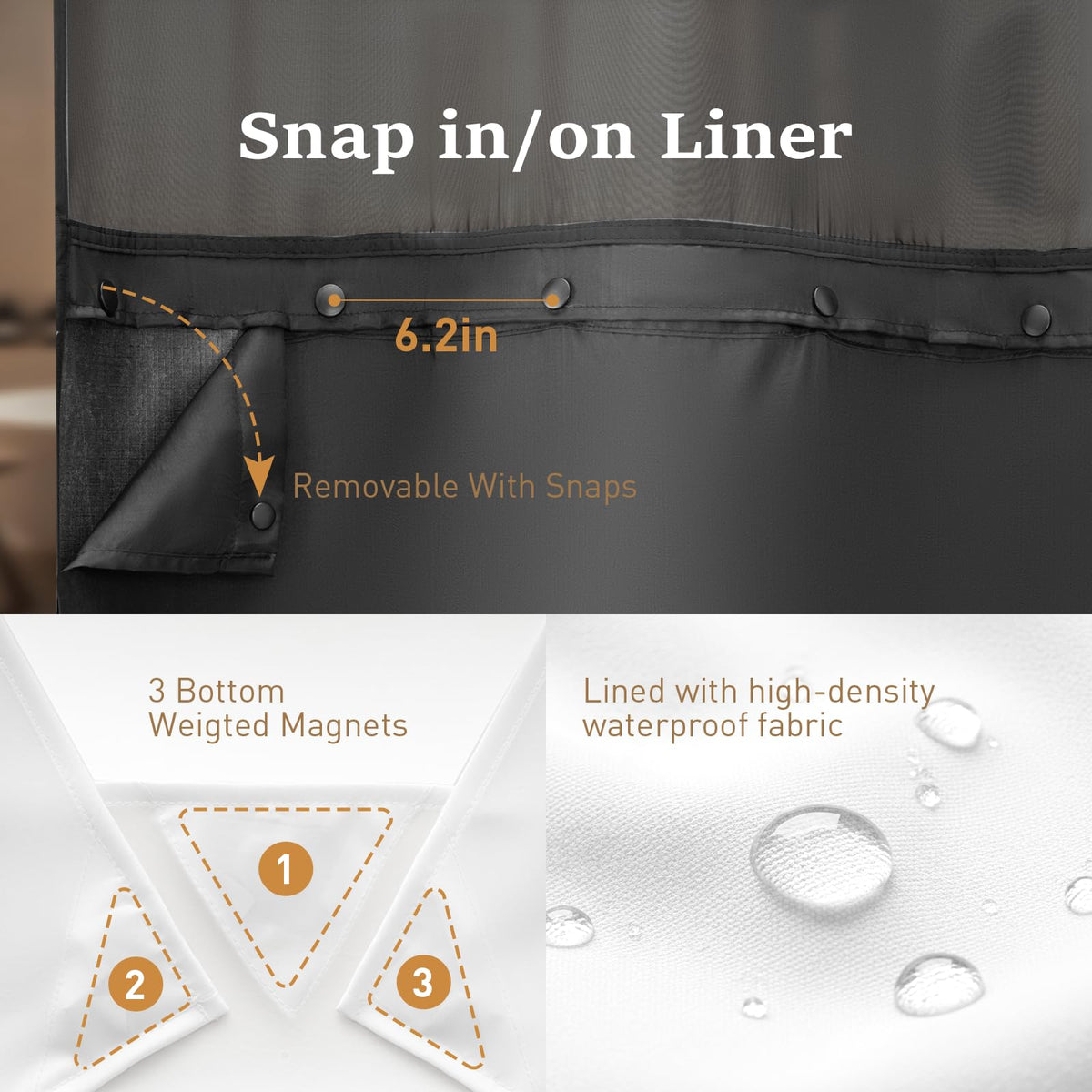 BTTN modern hotel-look shower curtain enhances bathroom style.