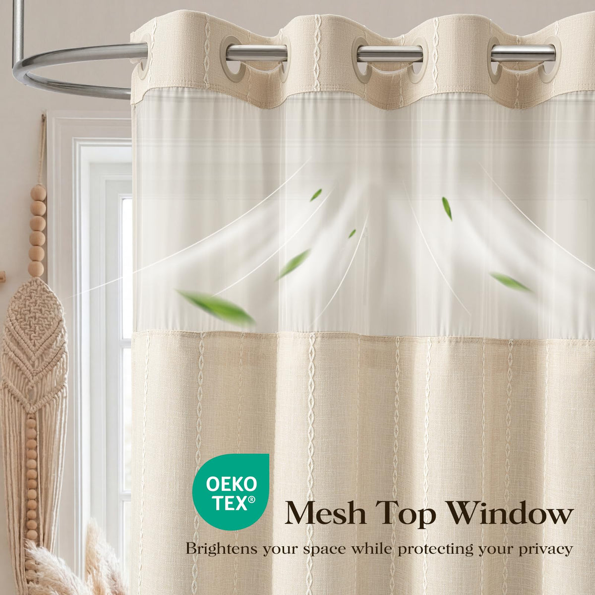 BTTN Shower curtain 72x75 size fits standard baths with detachable liner.