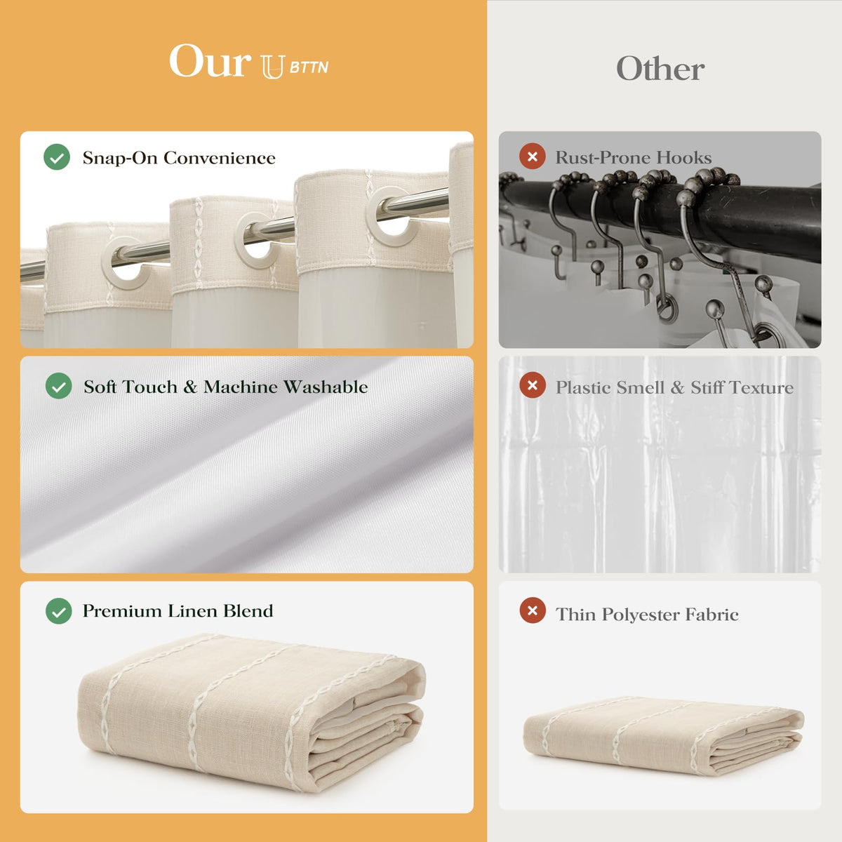 BTTN bathroom curtain set suits homes, apartments, and dorms with style.