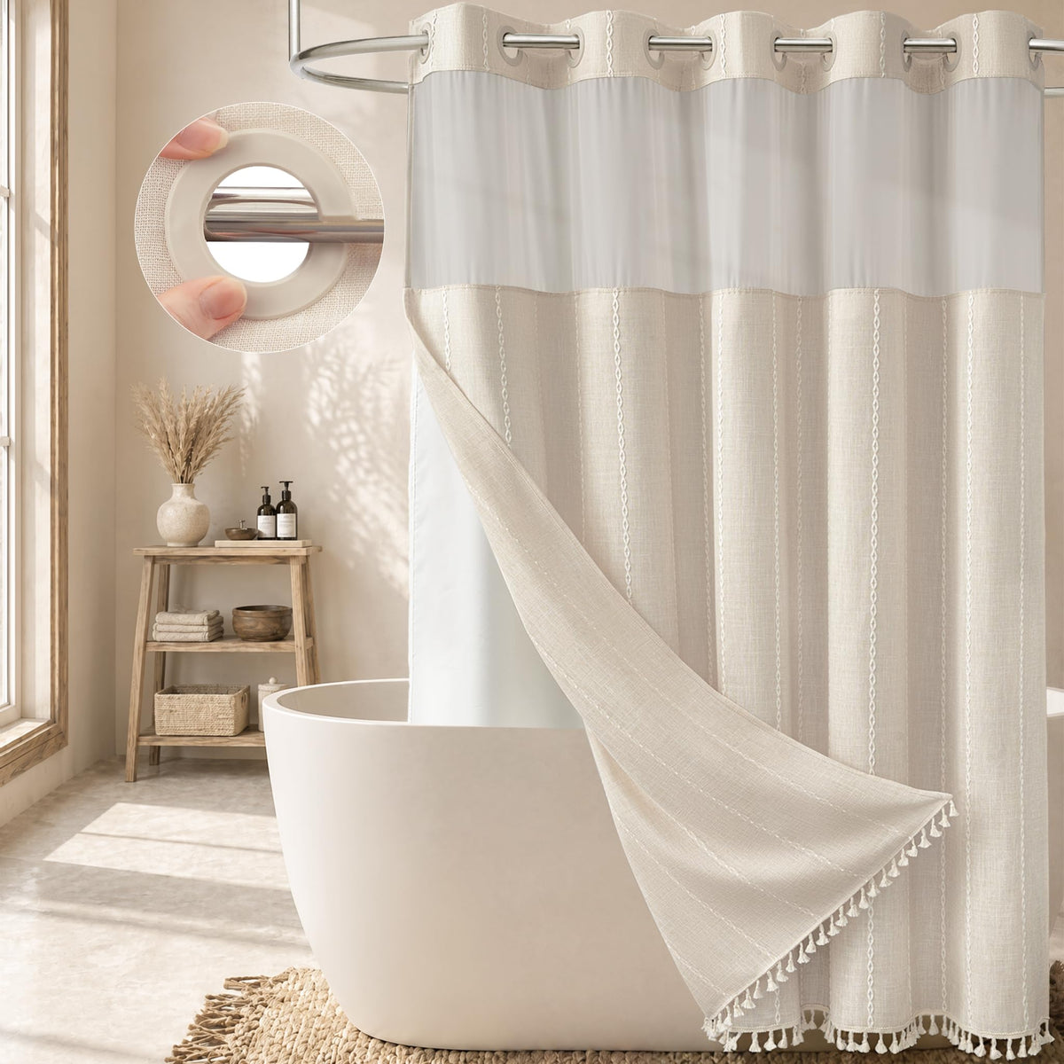 BTTN Ringless Boho shower curtain with tassel hem adds warm farmhouse charm to your bathroom.