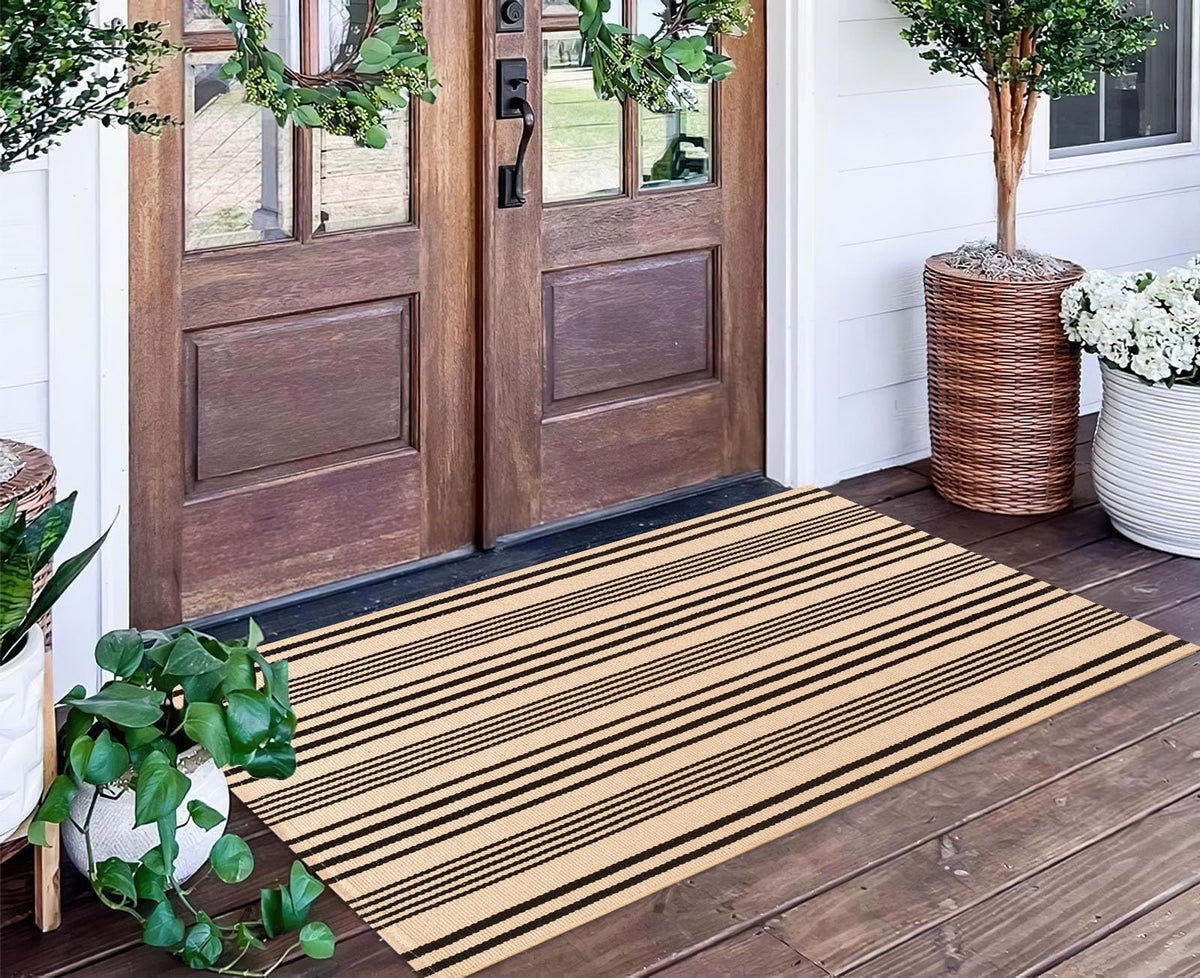 BUAGETUP black and tan outdoor rug 2x4 striped porch design for durable entryways.