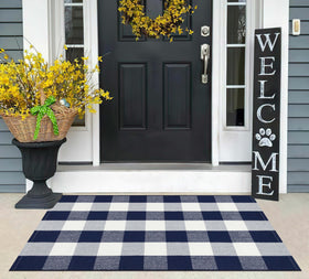 BUAGETUP blue-white checkered outdoor rug for porch use, easy maintenance.
