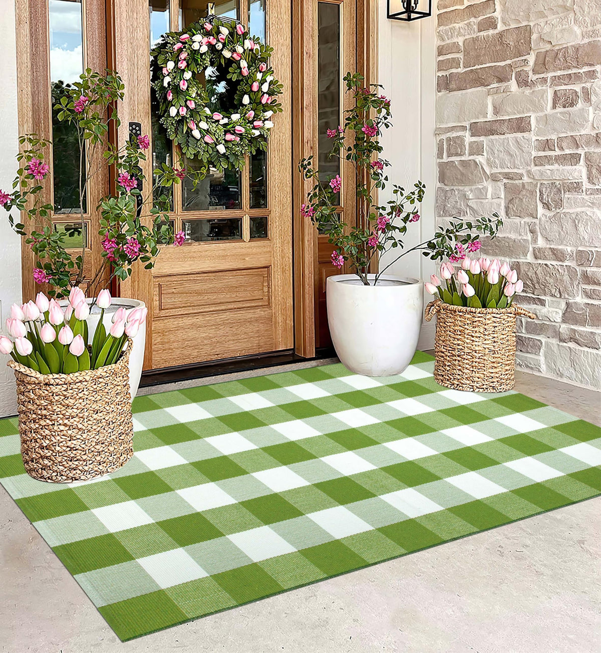 BUAGETUP front porch rug checkered green and white 3x5 boosts curb appeal and durability
