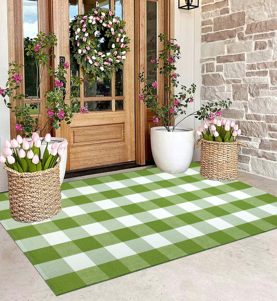 BUAGETUP front porch rug checkered green and white 3x5 boosts curb appeal and durability