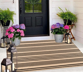 BUAGETUP outdoor rug in tan striped pattern for indoor and outdoor spaces.