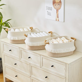 BUBUSUN towels neatly organized with baskets on a closet shelf