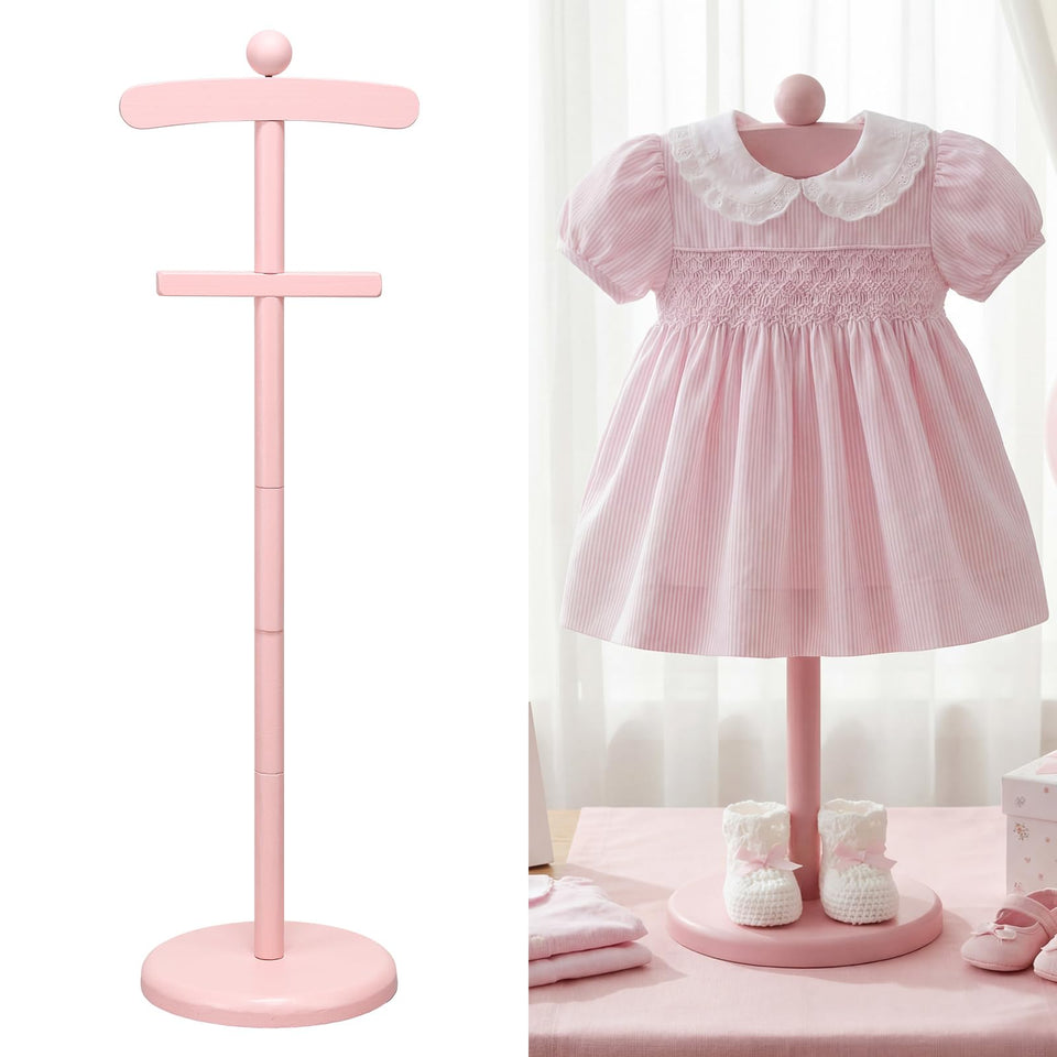 Bucherry pink baby clothes display stand ideal for neat, stylish garment display.