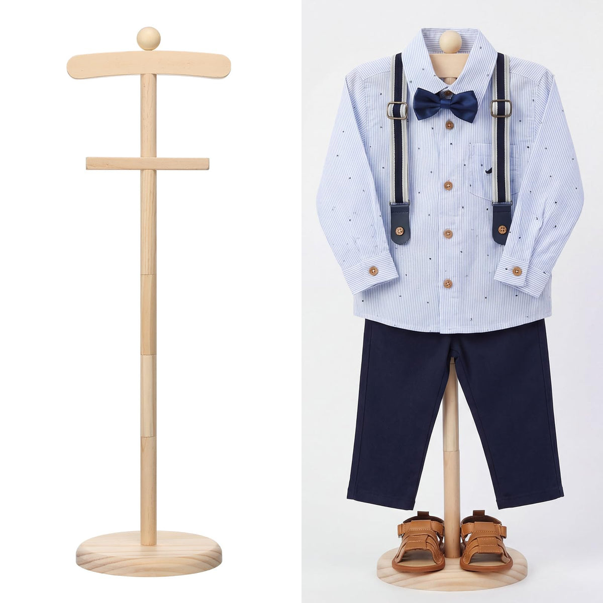 Bucherry baby clothes display stand in natural wood color showcases garments neatly.