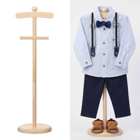Bucherry baby clothes display stand in natural wood color showcases garments neatly.