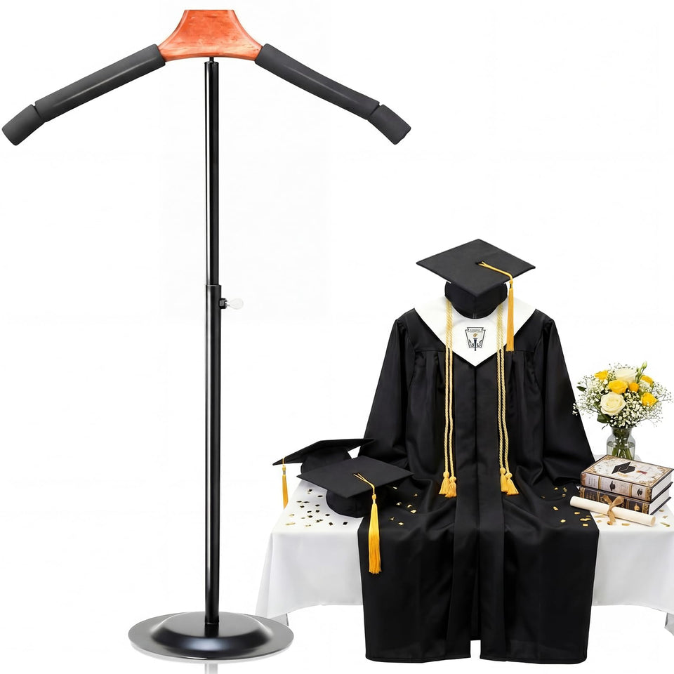 Bucherry cap and gown display stand showcases attire with adjustable height for versatile displays
