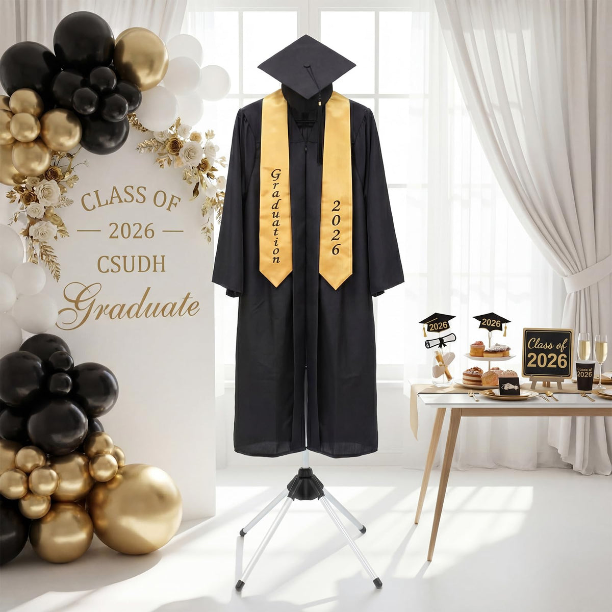 Bucherry Graduation Gown Display Stand with adjustable rods for versatile heights