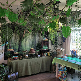 Bucherry fabric iron leaves give durable greenery for repeat rainforest displays.