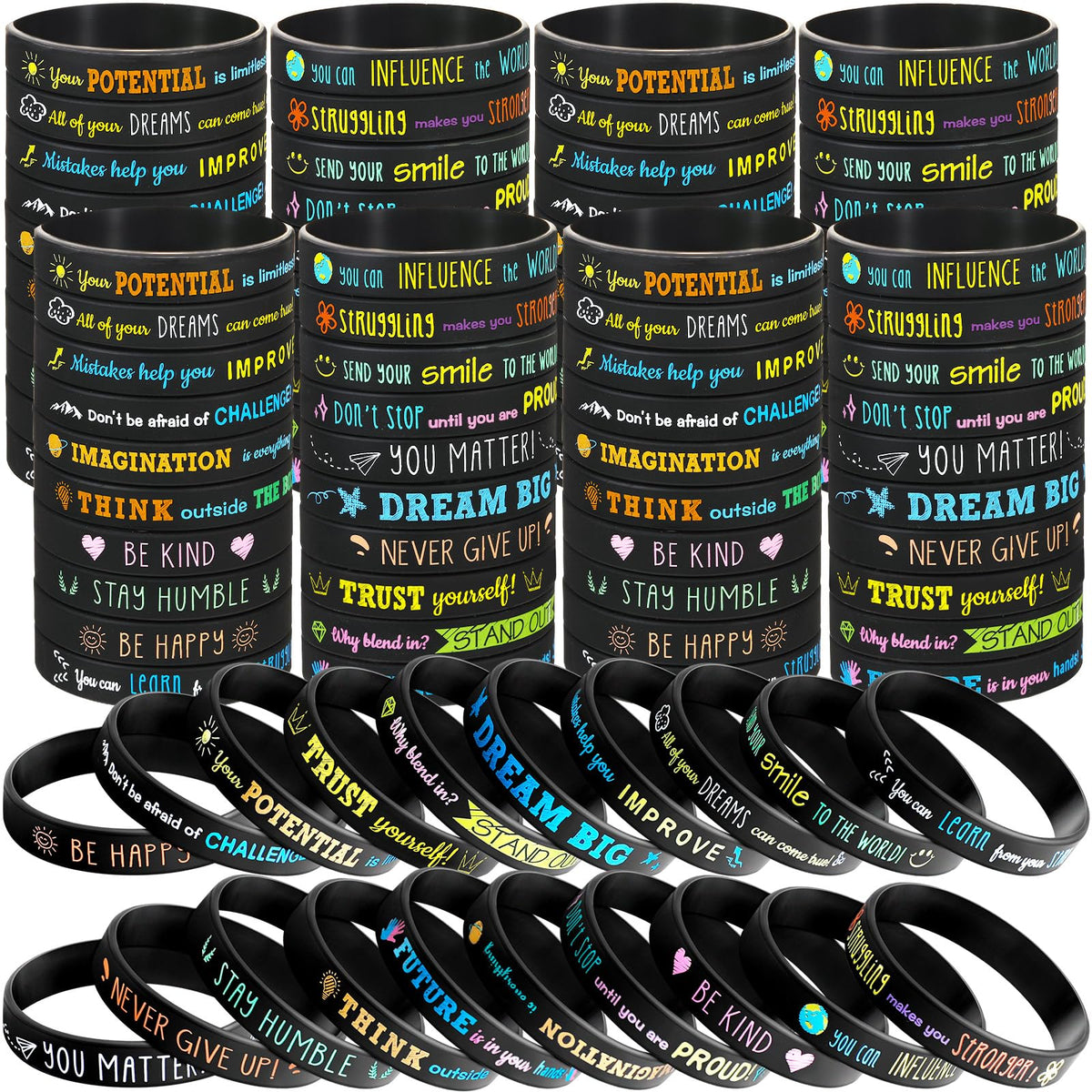 Bucherry motivational bracelets in a 120-piece set for classroom rewards