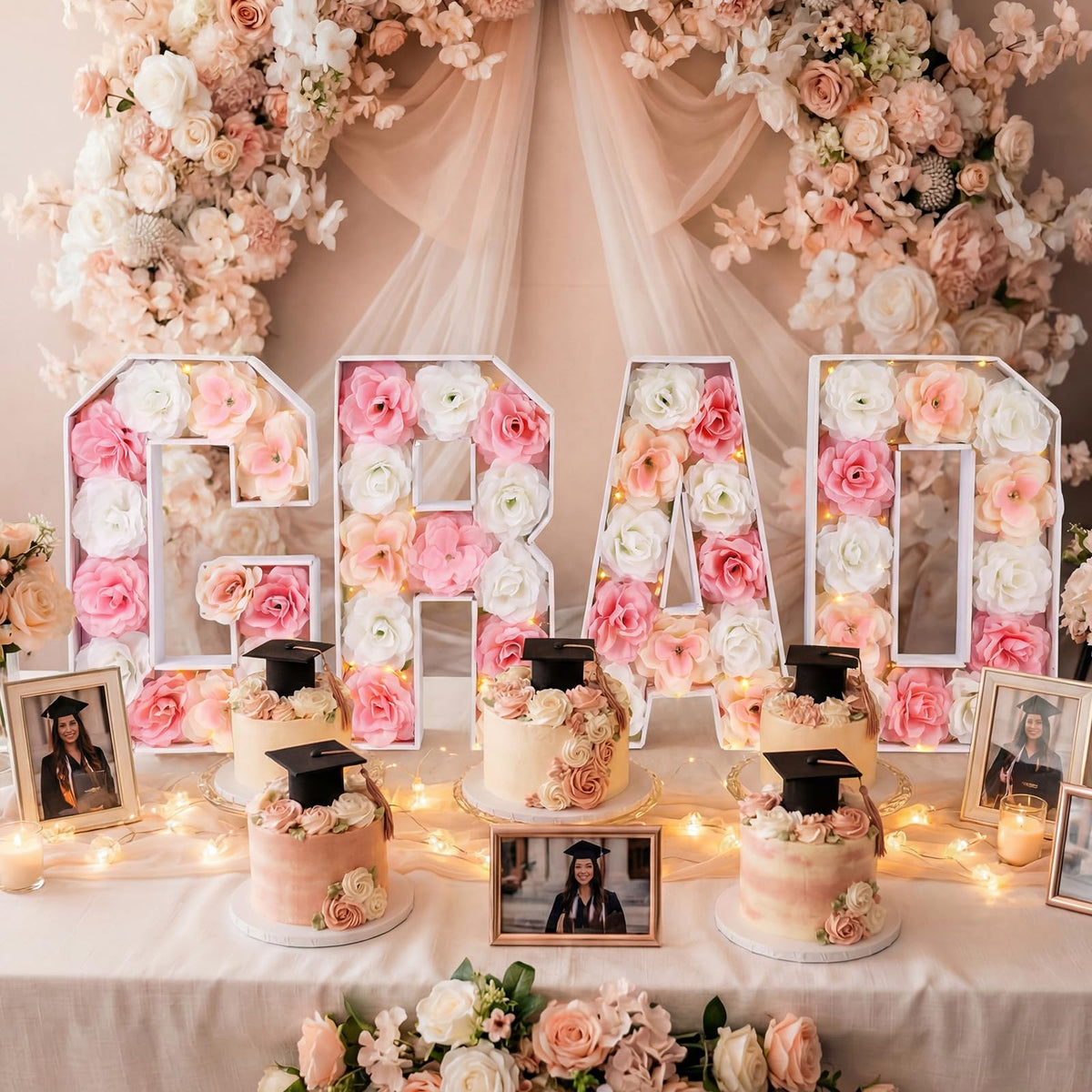 Bucherry pink grad centerpiece with forty artificial roses enhances photo backdrops.