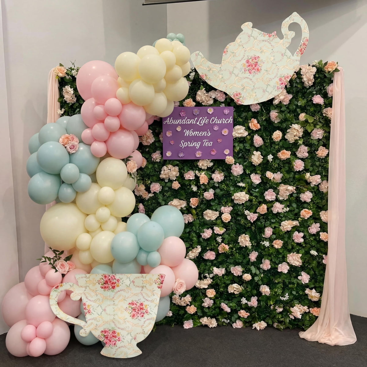 Bucherry Tea Party teacup decor creates a sweet focal point