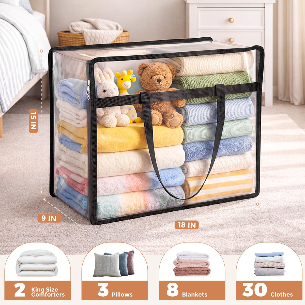 Budding Joy 40L closet organizers provide spacious storage for bedding and clothes