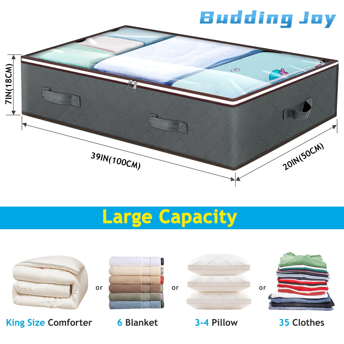 Budding Joy under bed bin with clear window to identify contents quickly