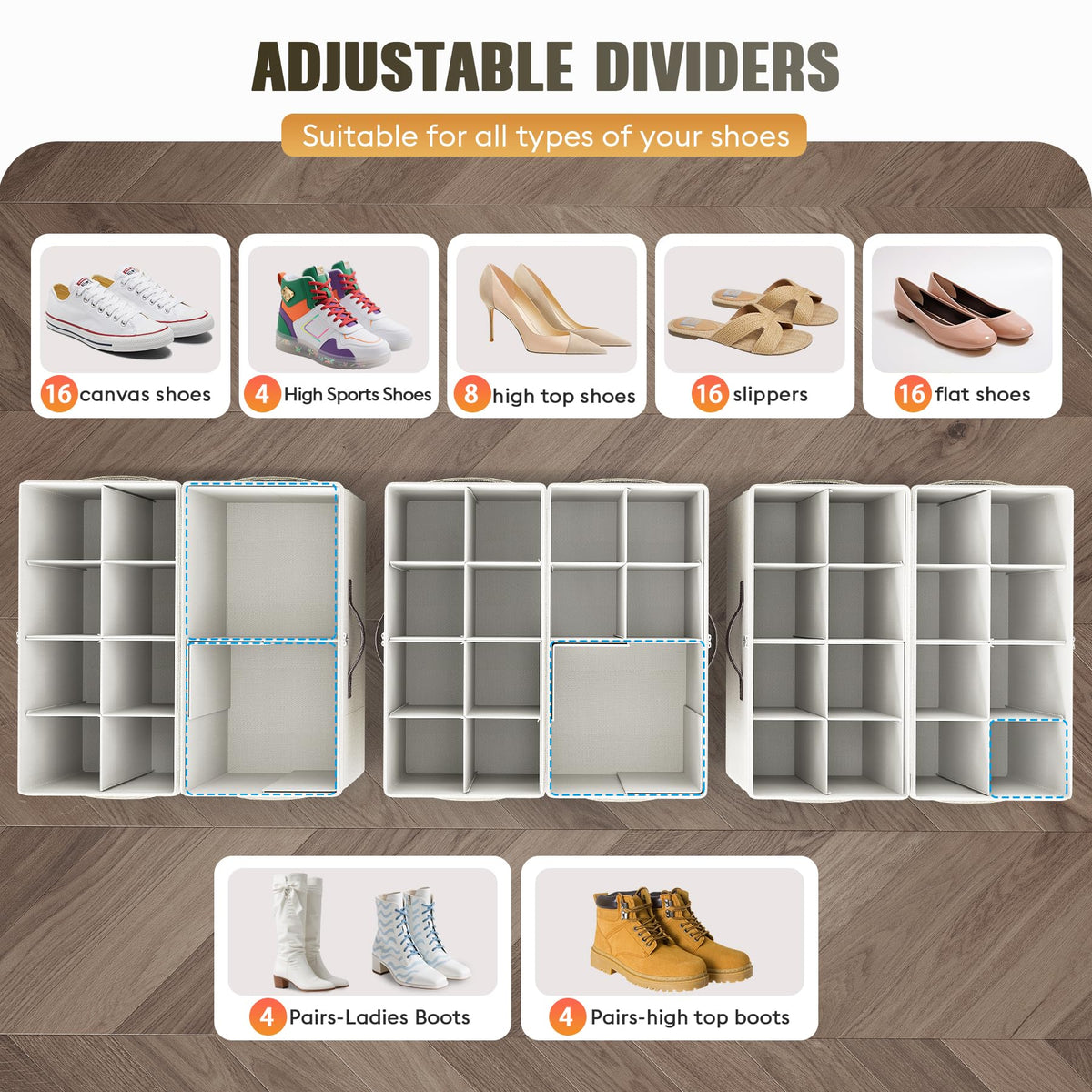 Budding Joy large dual-unit organizer shows dimensions for wider closet fit