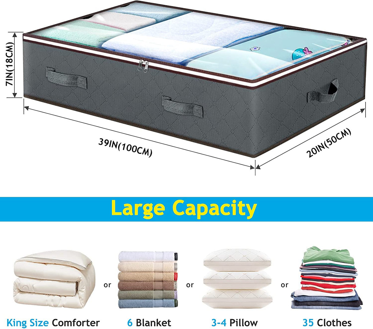 Budding Joy six-pack under-bed organizers for blankets, pillows, and linens.