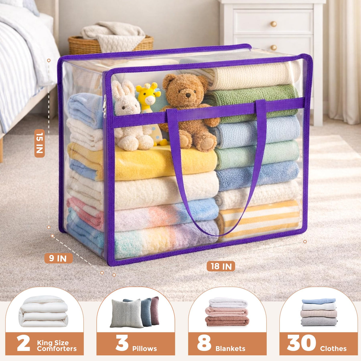 Budding Joy 40L closet organizer bag storing blankets and bedding neatly.