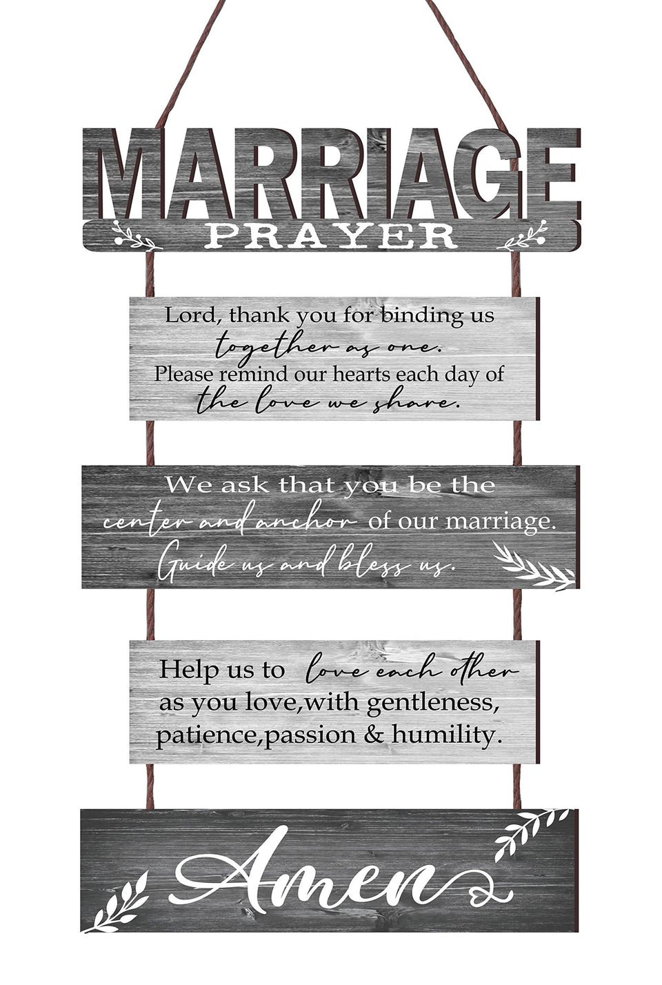 Buecasa Marriage rustic sign front view with five panels on hemp rope, ideal wedding decor focal.