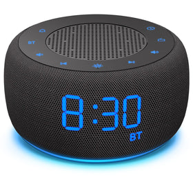 BUFFBEE alarm clock front view with built-in Bluetooth speaker for bedside listening.