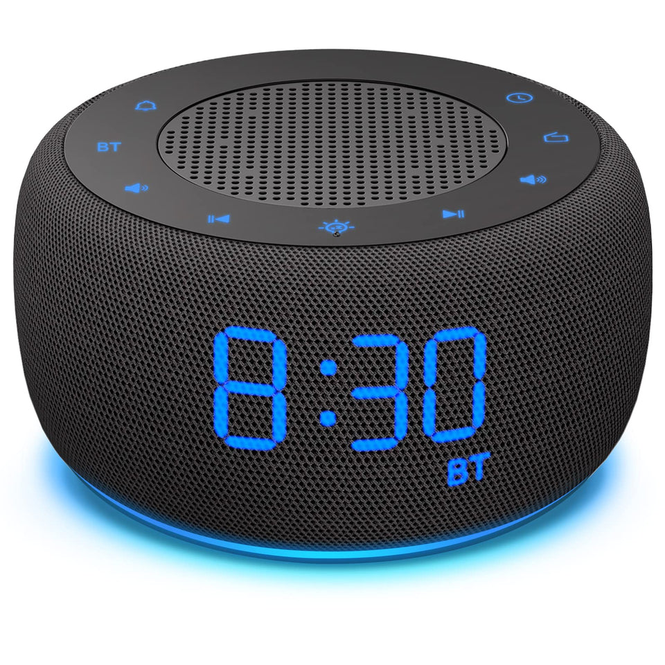 BUFFBEE alarm clock front view with built-in Bluetooth speaker for bedside listening.