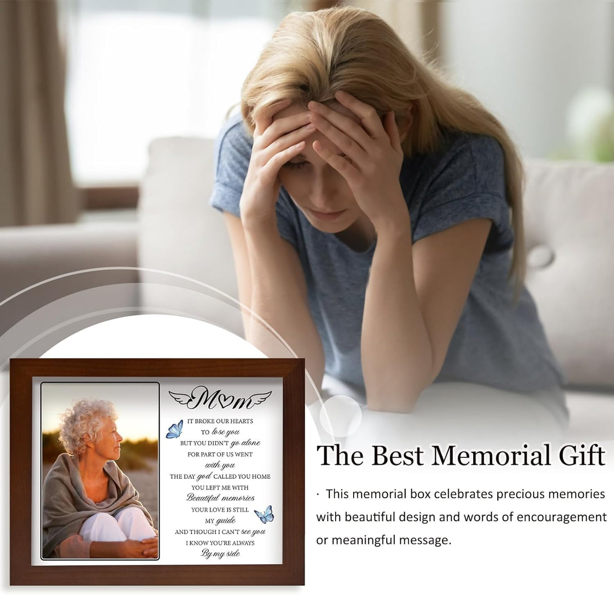 Buioata LED memorial frame illuminates a cherished photo for comfort.