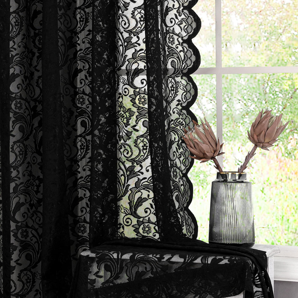 Bujasso black sheer curtains with vintage floral lace soften daylight.