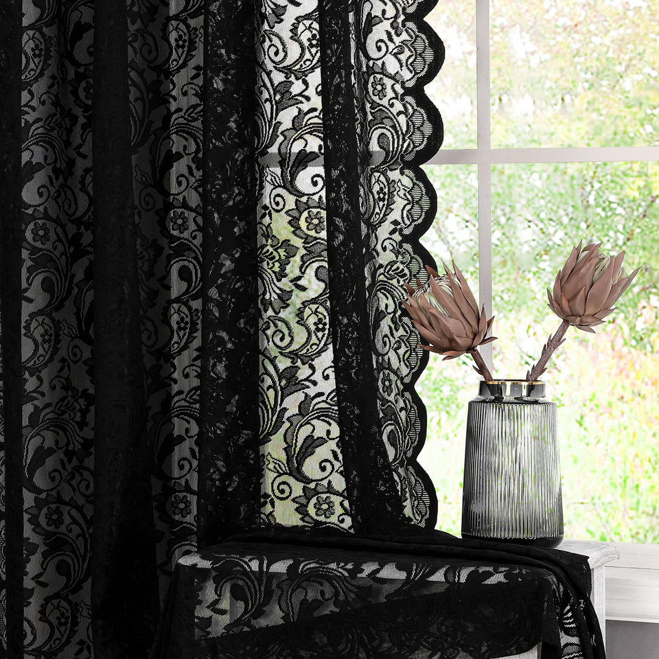 Bujasso black sheer curtains with vintage floral lace soften daylight.
