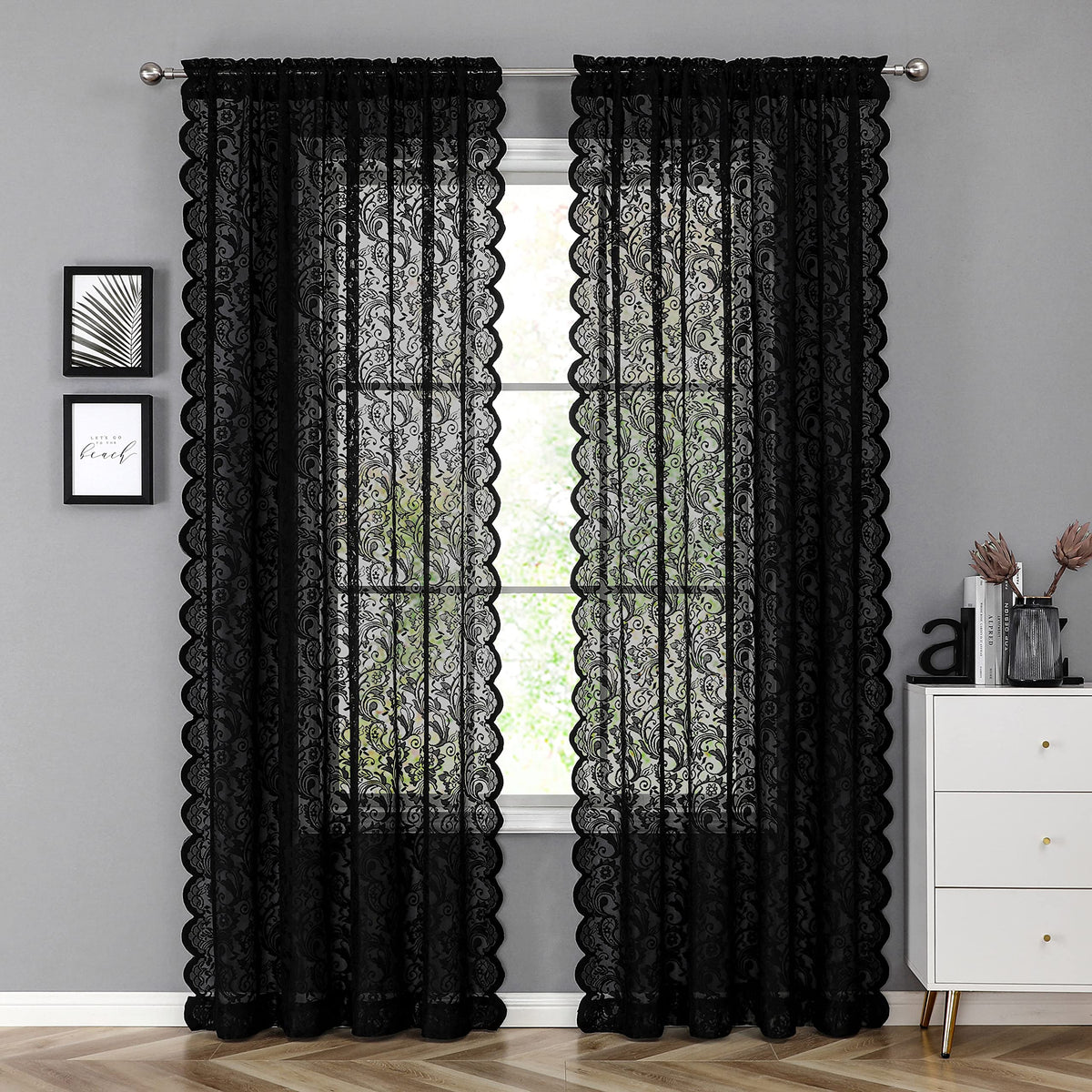 Bujasso two-panel lace curtains on rod-pocket for easy hanging.