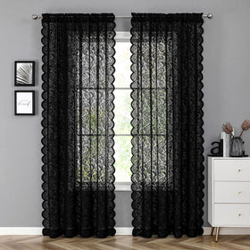 Bujasso two-panel lace curtains on rod-pocket for easy hanging.