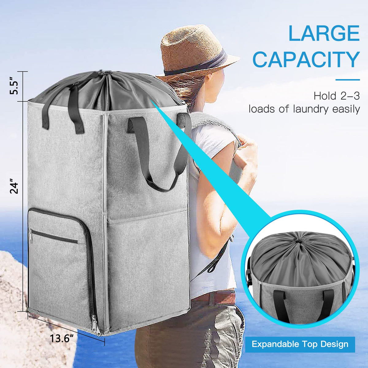 Bukere laundry backpack expandable top for extra capacity during busy weeks.