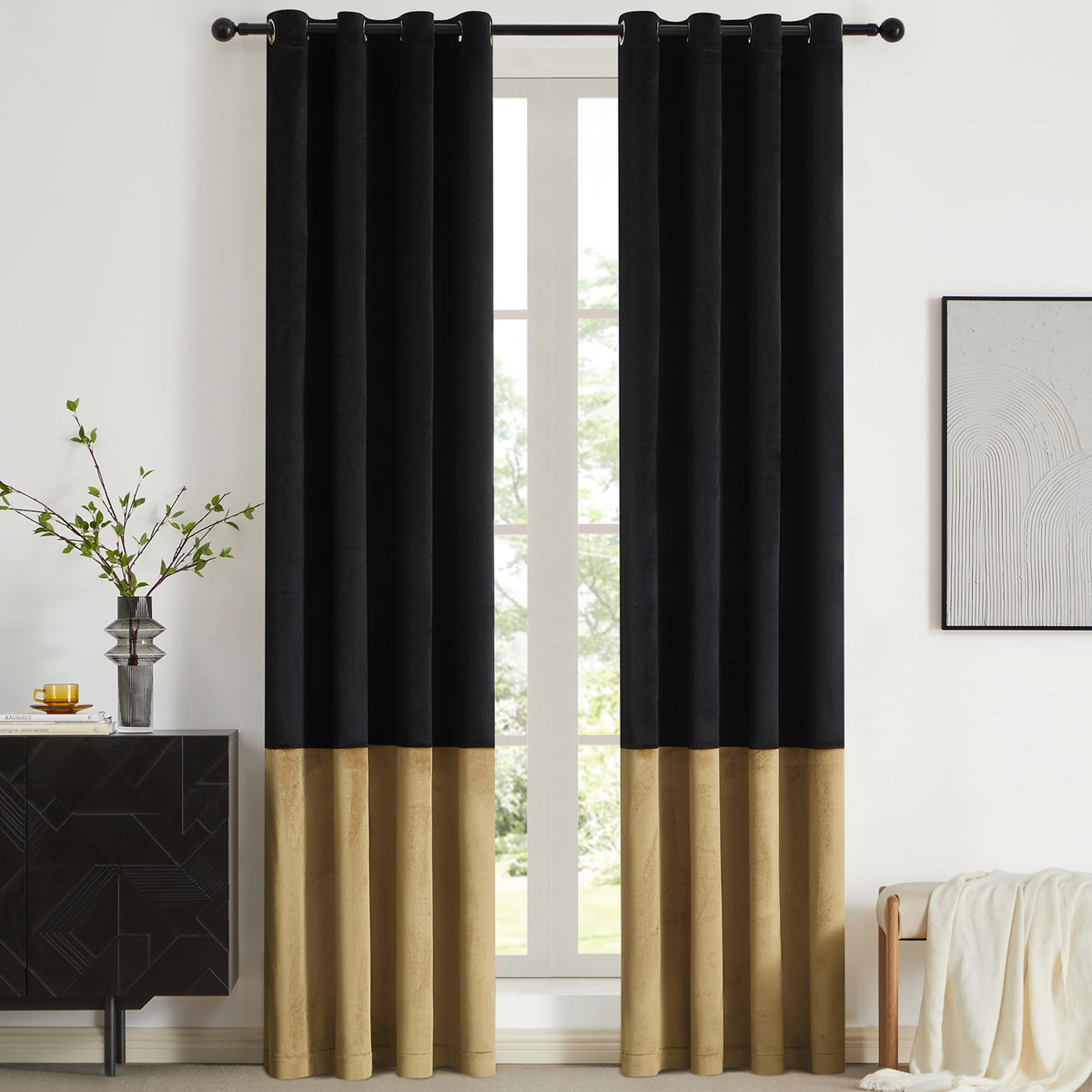 BULBUL black-gold color-block curtains 84in panel for bold style and light control in the living room.