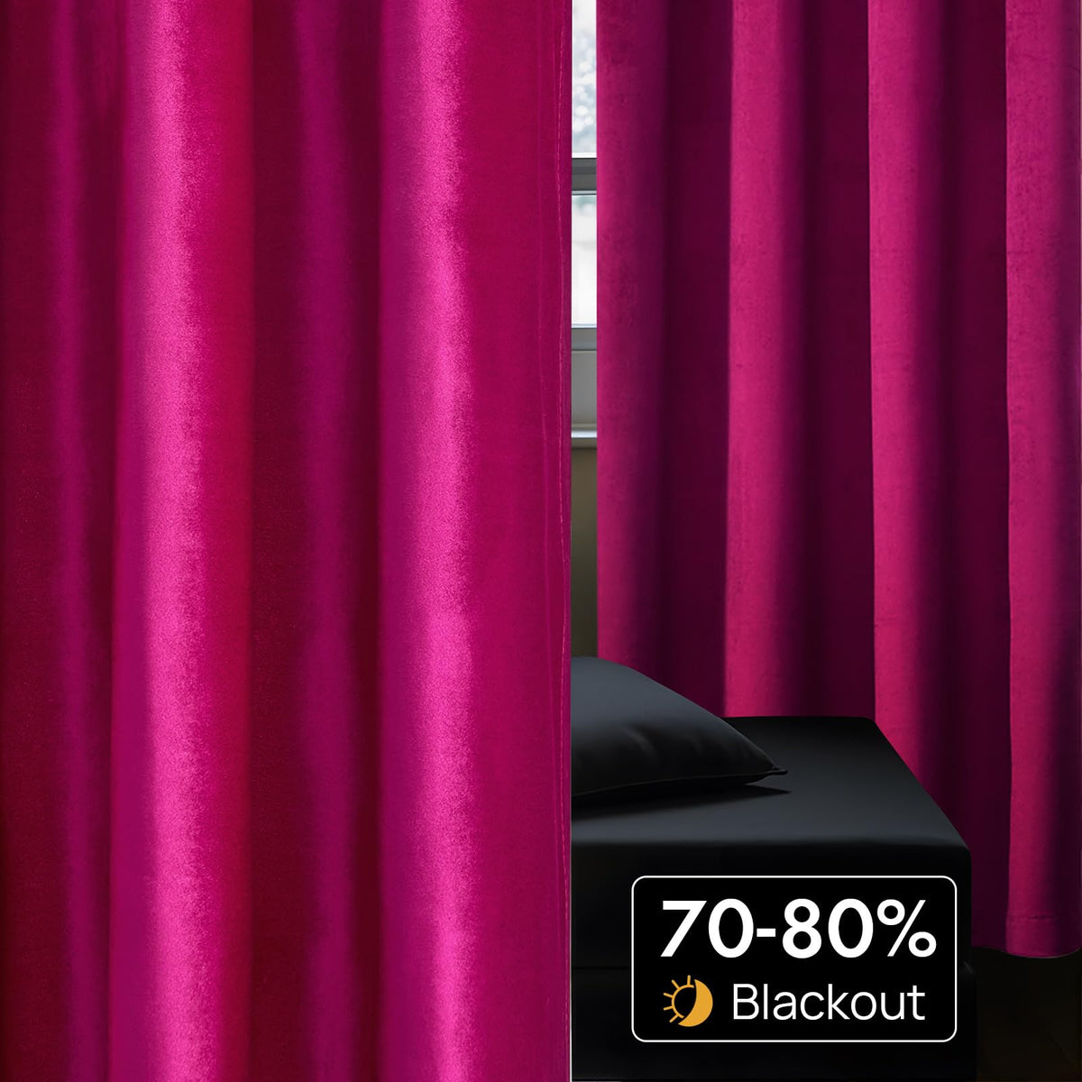 Full length BULBUL velvet curtains draped on a rod with elegant flow