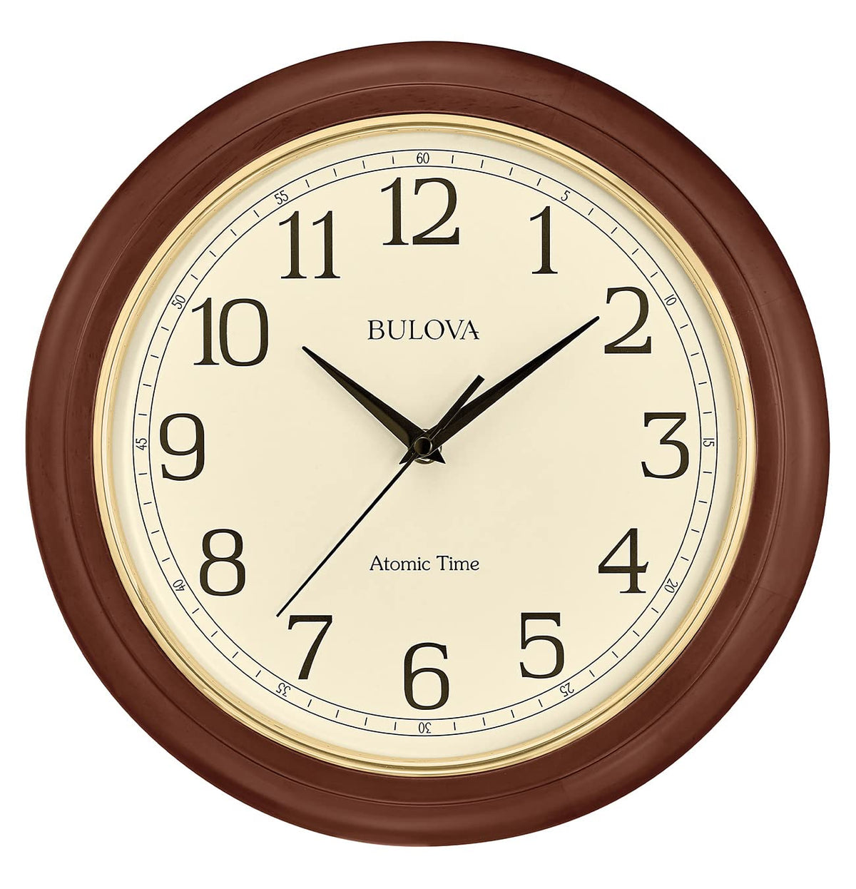 Bulova Atomic Time 2 wall clock front view with warm brown cherry wood frame for reliable timekeeping.
