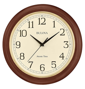 Bulova Atomic Time 2 wall clock front view with warm brown cherry wood frame for reliable timekeeping.