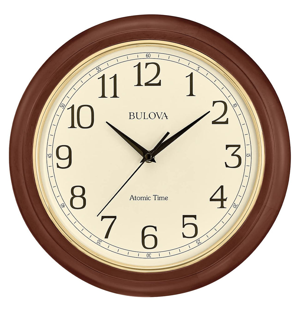 Bulova Atomic Time 2 wall clock front view with warm brown cherry wood frame for reliable timekeeping.