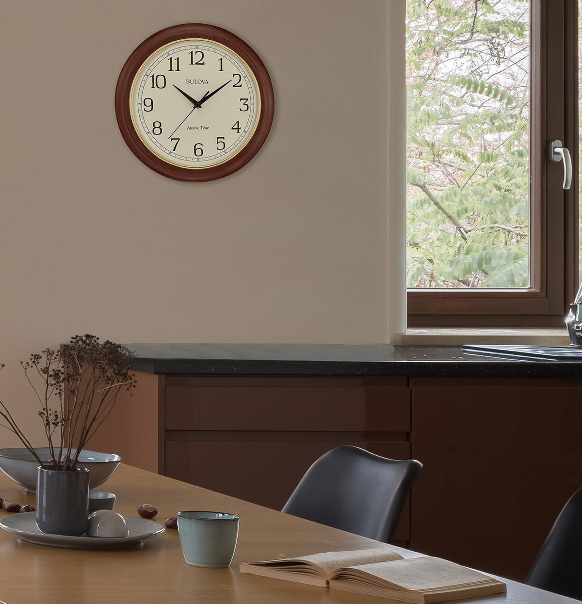 Bulova Atomic Time 2 wall clock side view highlighting slim profile and durable finish for space-conscious rooms.