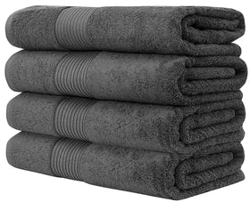 Bumble Towels dark-grey 4-pack spread displays oversized 34x56 inch towels for full-body coverage.