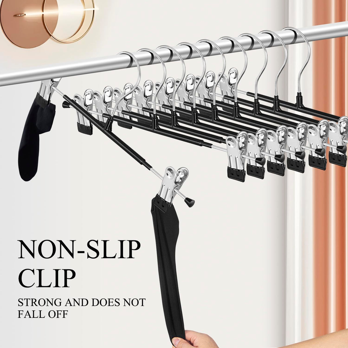 BUMODEL heavy-duty clothes hanger features rubber caps to protect fabrics.