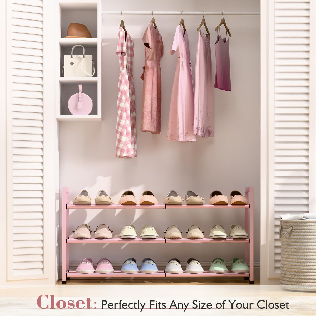 Bumusty 18-33 inch adjustable shoe rack fits tight spaces without tools.