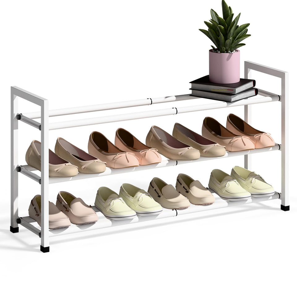 Bumusty 3-tier expandable shoe rack extended to fit small closets and maximize space.