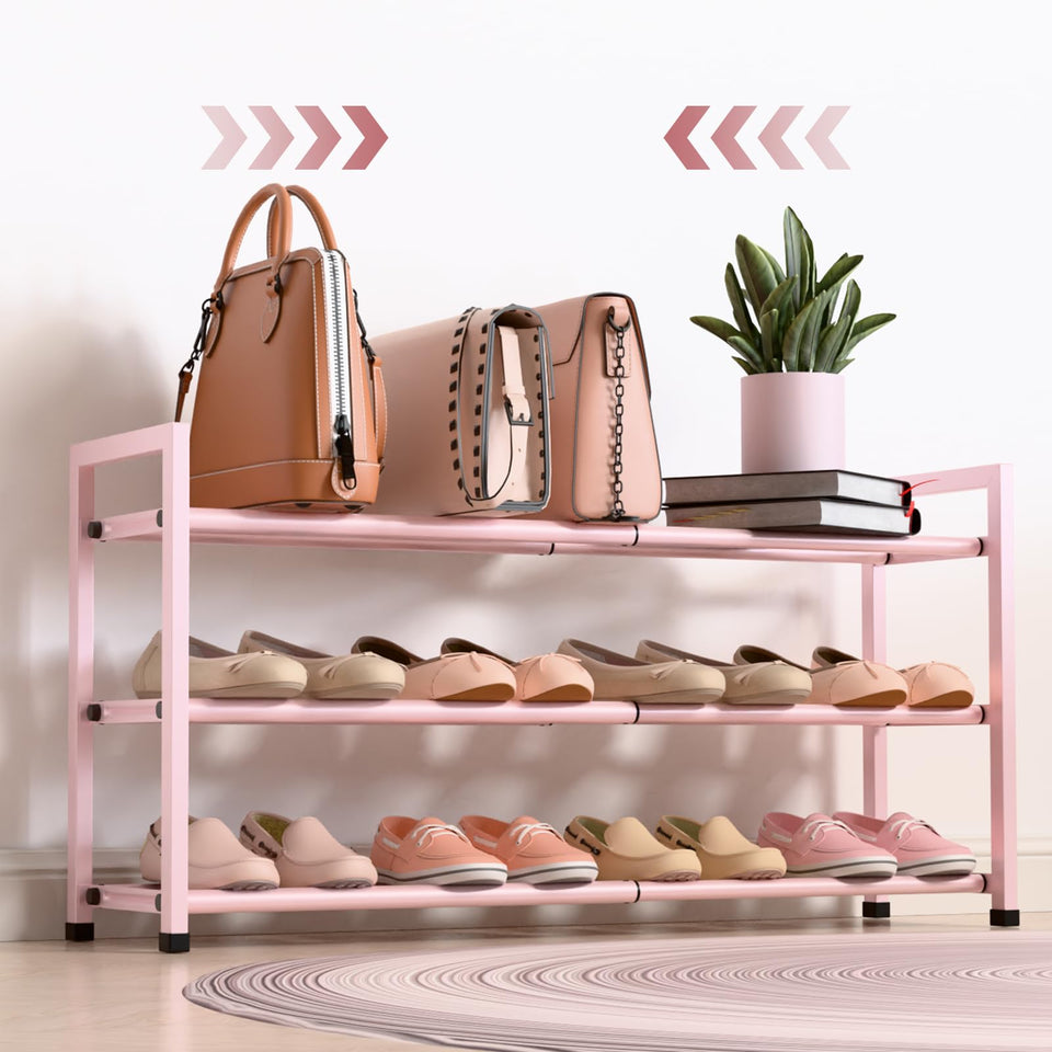 Bumusty 3-tier expandable shoe rack in closet stores up to 12 pairs.