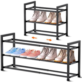 Bumusty 3-tier expandable shoe rack in closet for organized footwear.