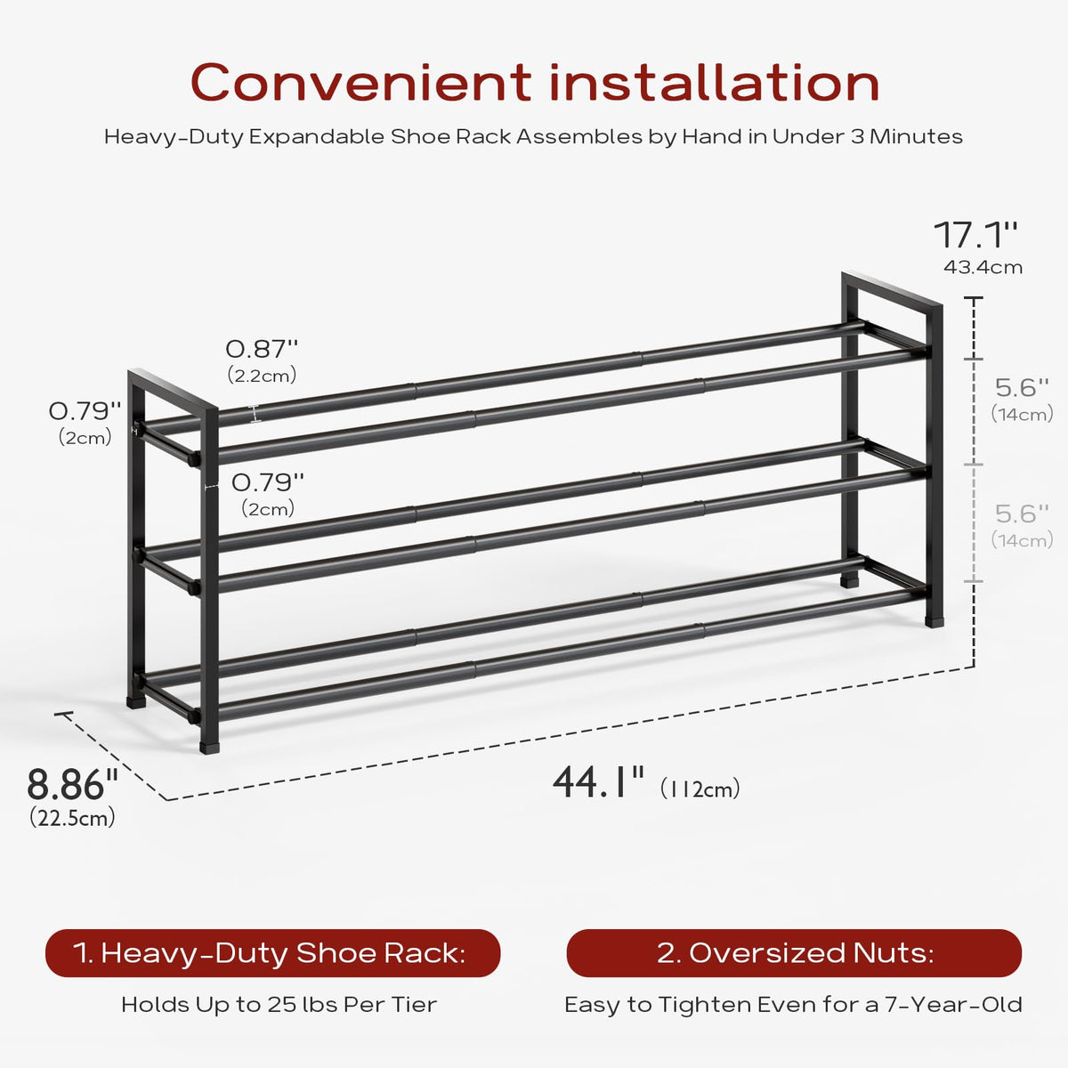 Bumusty 3-Tier Long Expandable Shoe Rack supports 20+ lbs per tier.