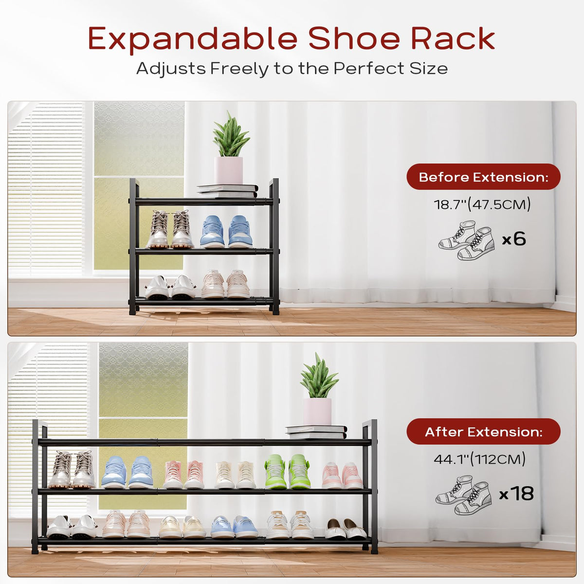 Bumusty 3-Tier Long Expandable Shoe Rack in closet optimizes small spaces.