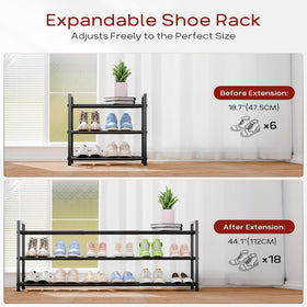 Bumusty 3-Tier Long Expandable Shoe Rack in closet optimizes small spaces.