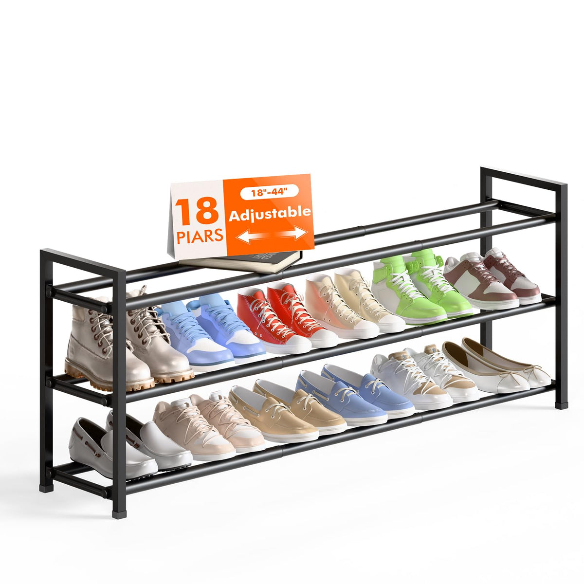 Bumusty 3-Tier Long Expandable Shoe Rack extended to 44 inches for roomy closet storage.